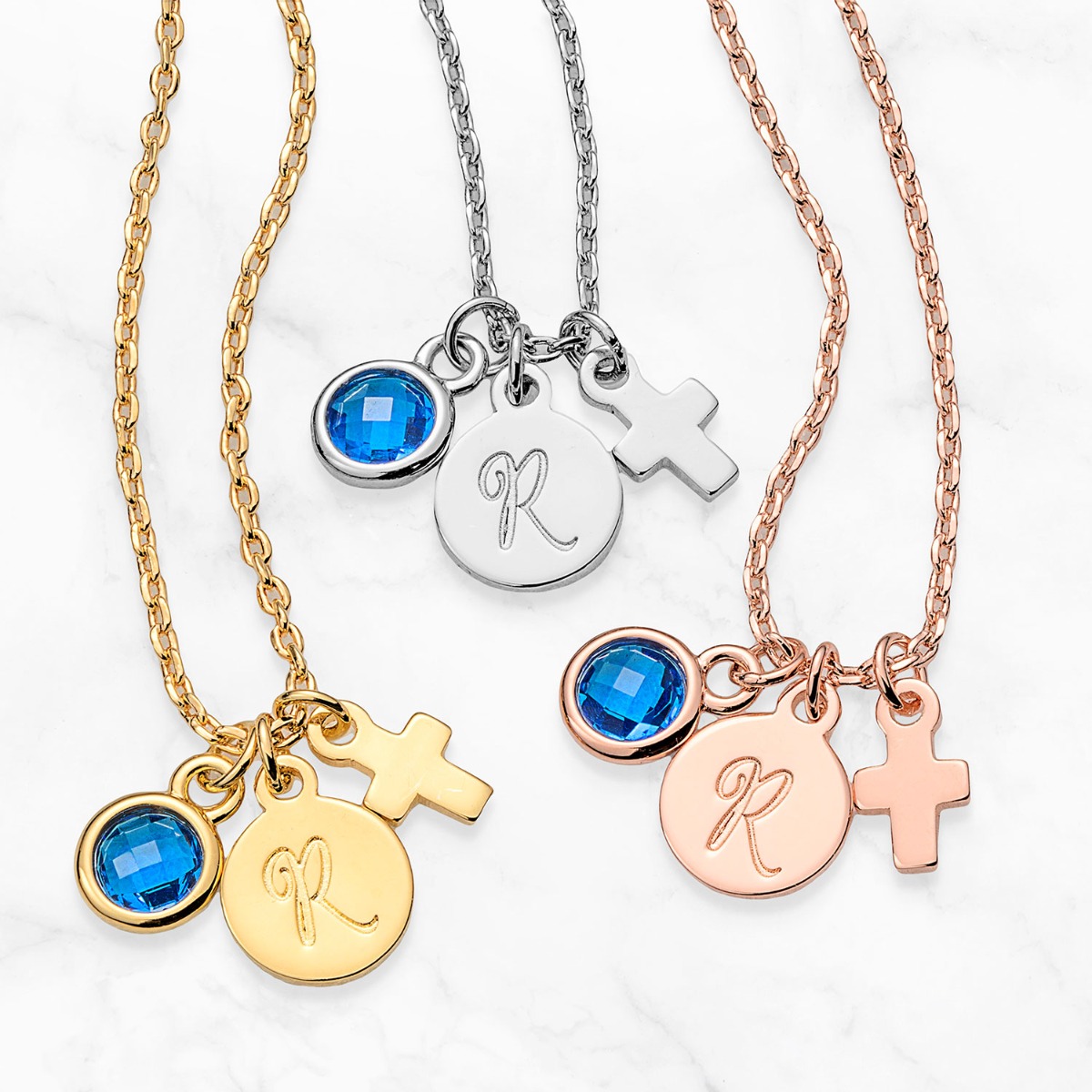 Personalized Mini Initial Disc, Birthstone, and Cross Cluster Necklace