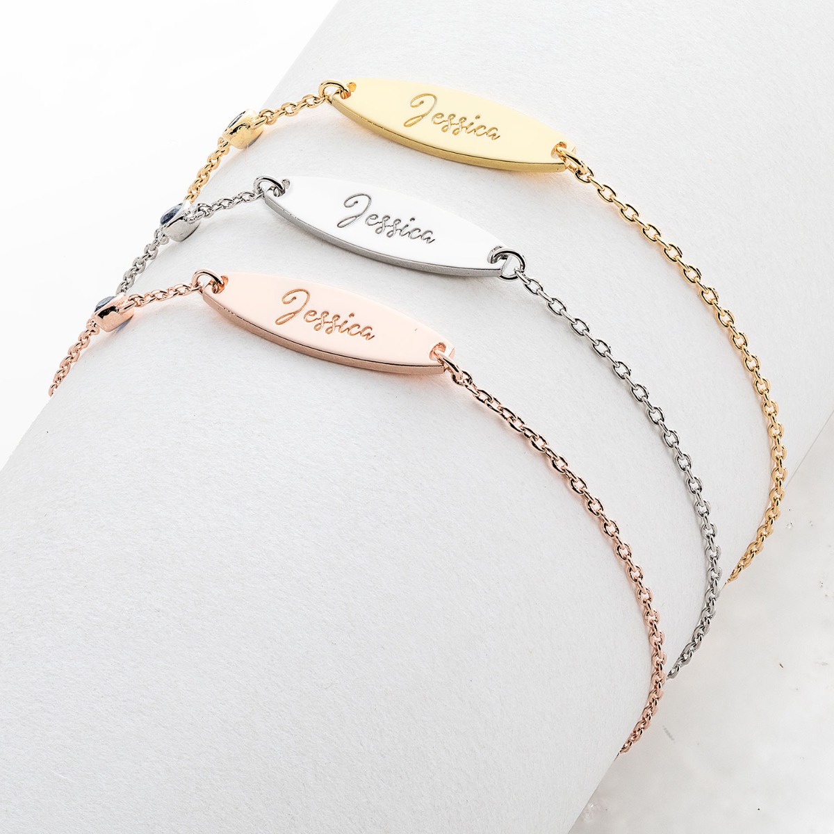 Personalized Plated Engraved Name Mini Oval With Birthstone and Cross ID Bracelet