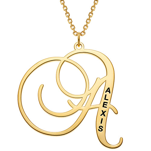 10K Yellow Gold Initial With Engraved Name Necklace