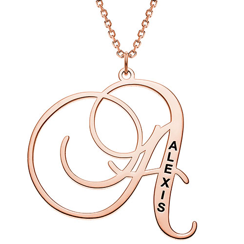 10K Rose Gold Initial With Engraved Name Necklace