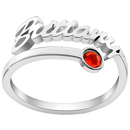 10K White Gold Script Name with Birthstone Bypass Ring
