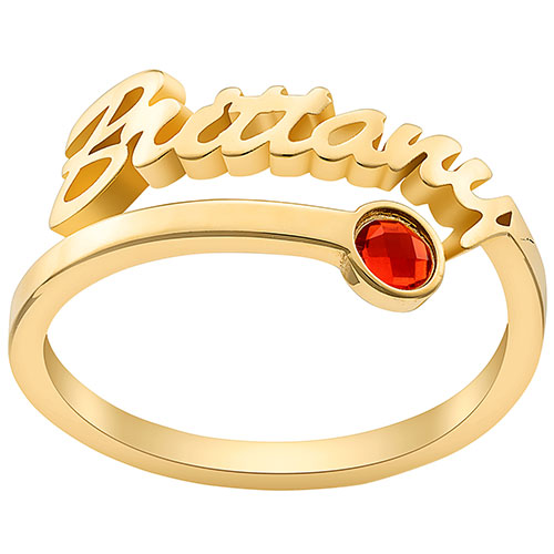 10K Yellow Gold Script Name with Birthstone Bypass Ring