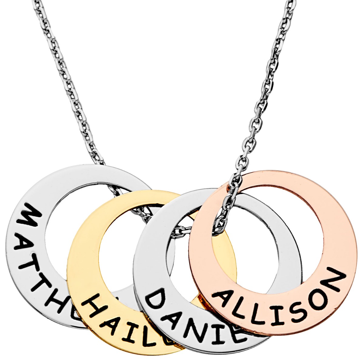 Tricolor Engraved Tapered Open Discs Cluster Necklace