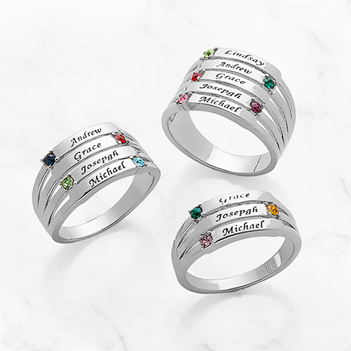 Silver Plated Engraved Name and Birthstone Faux Stack Ring