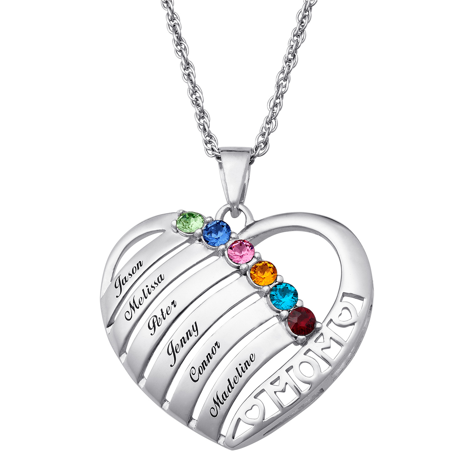 Engraved heart birthstone mom necklace