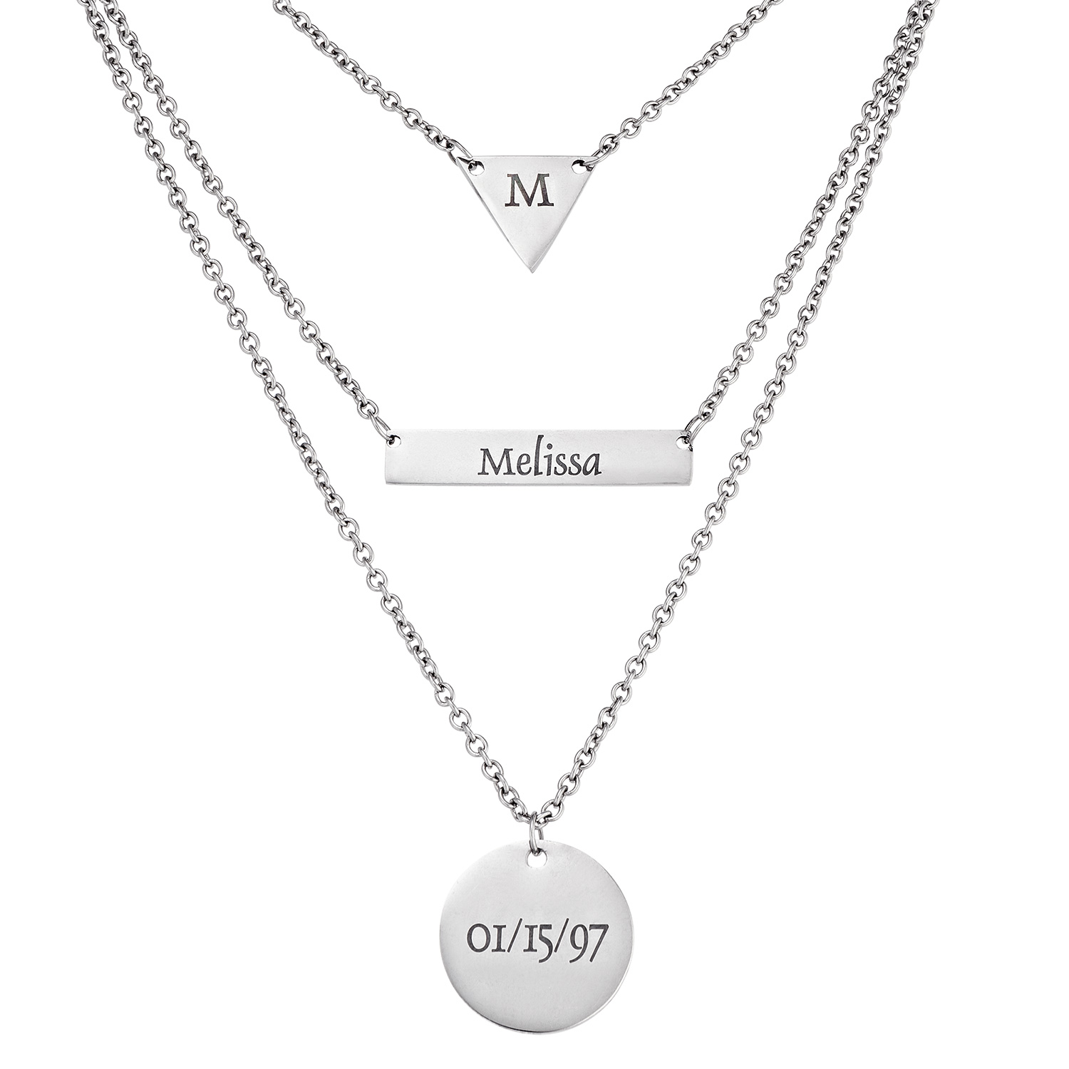 Stainless Steel Engravable Triangle, Bar & Disc Layered Necklace