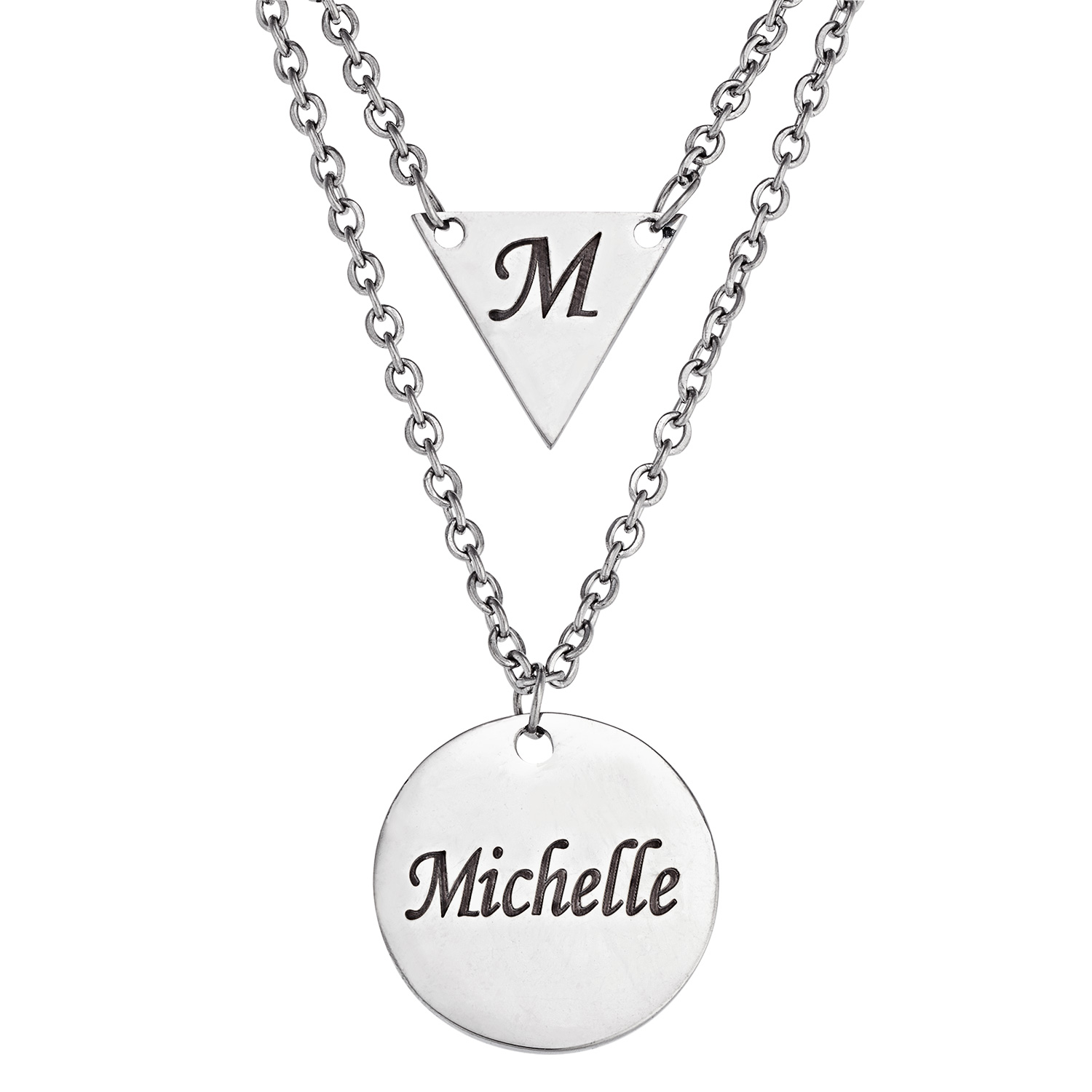Stainless Steel Engravable Disc & Triangle Layered Necklace