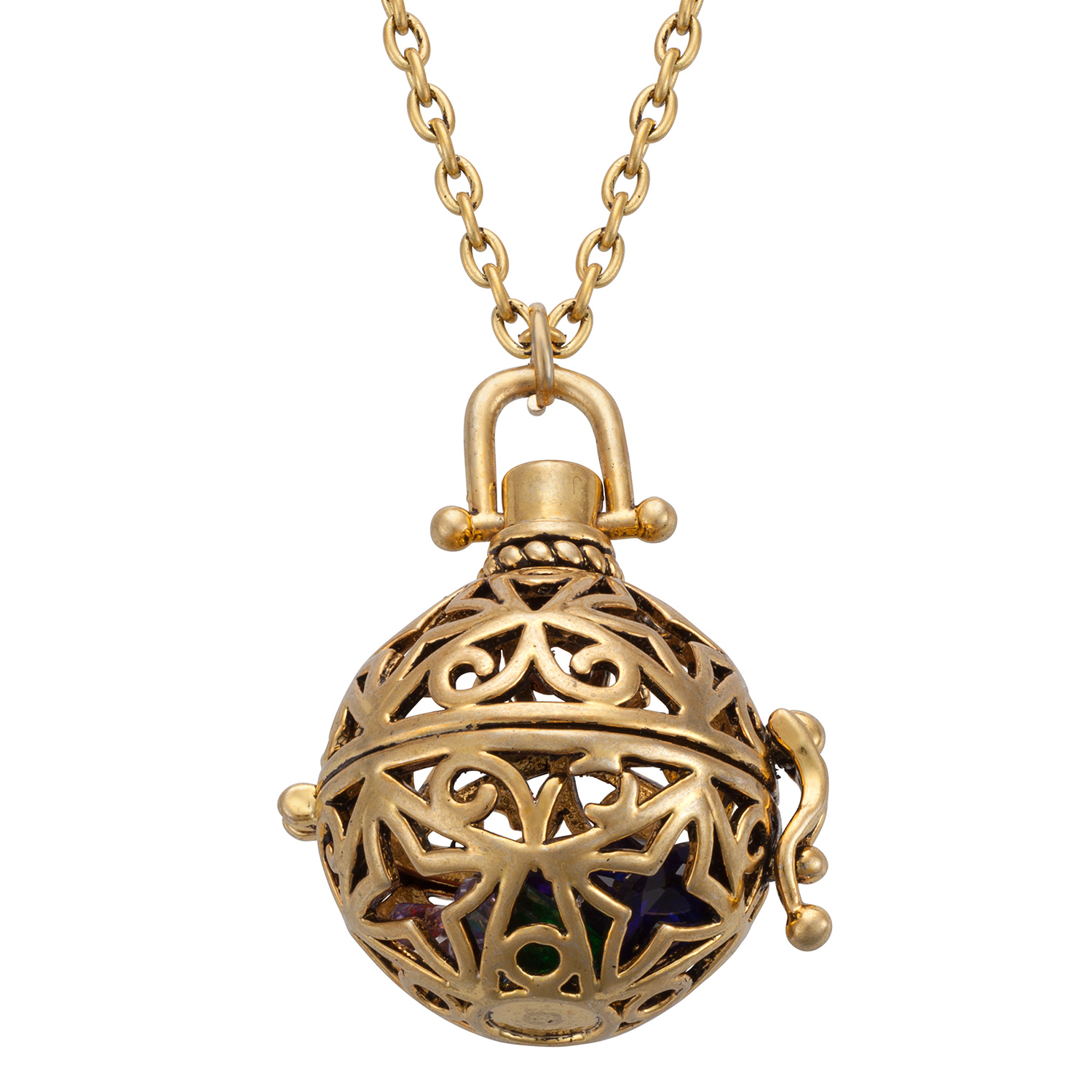 14K Gold Plated Oxidized Ball Locket with Birthstones Pendant