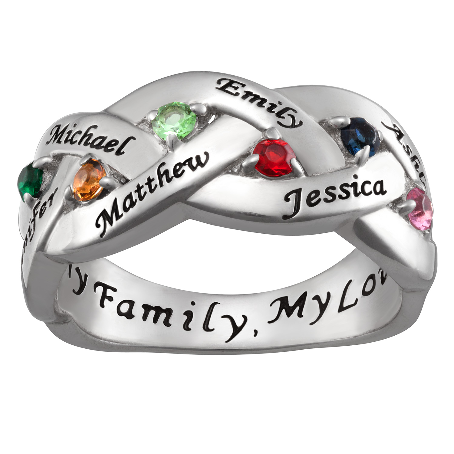 Sterling Silver Family Name & Birthstone Ring