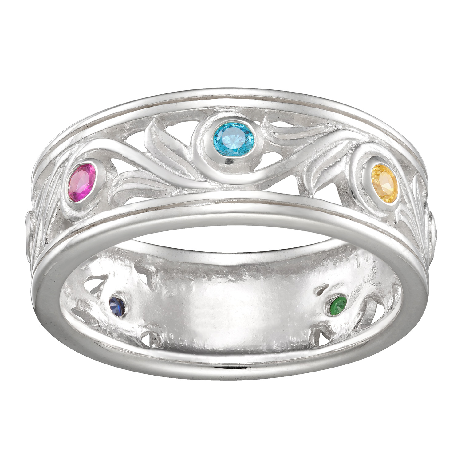 Sterling Silver Family Birthstone Floral Scroll Ring