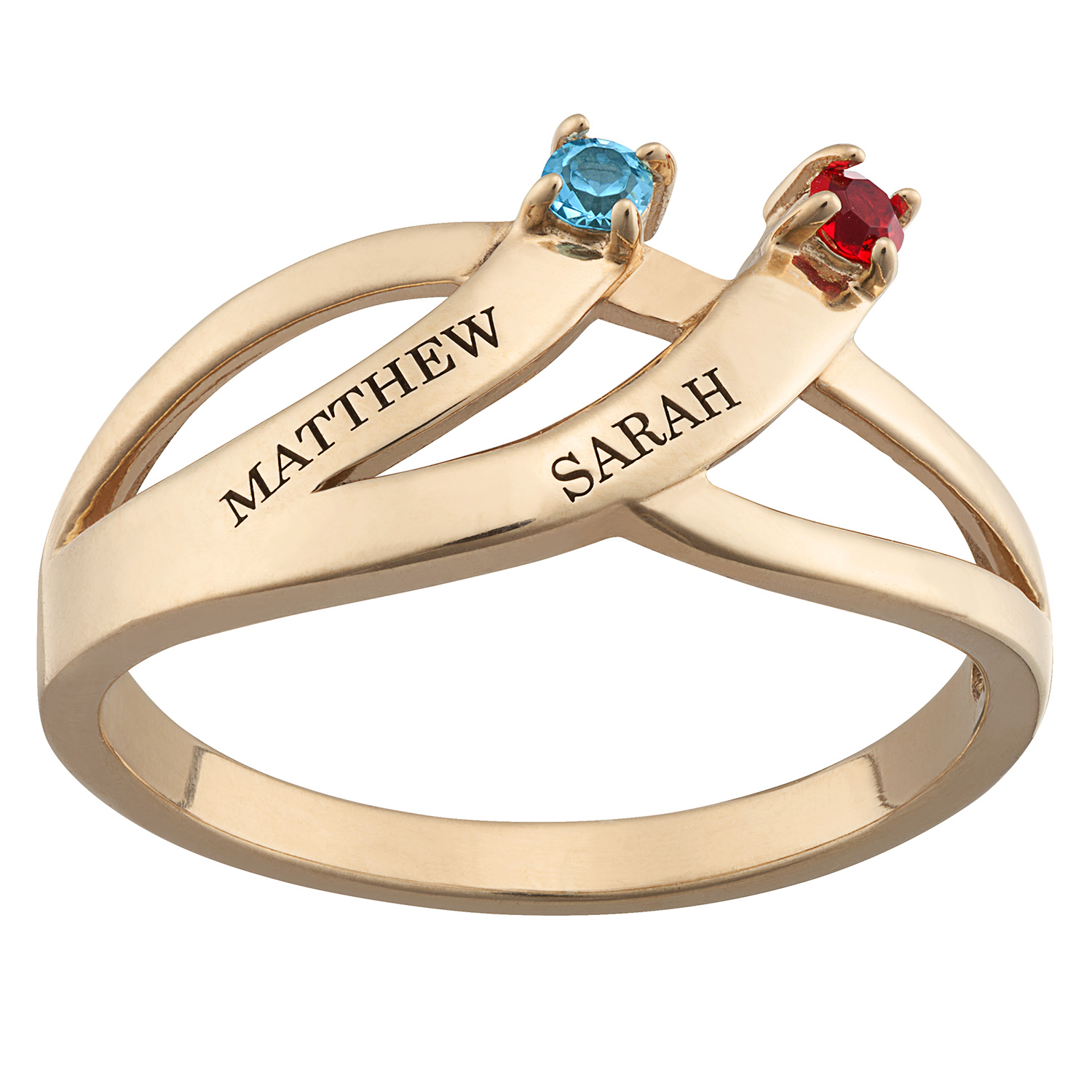 14K Gold over Sterling Couple's Engraved Birthstone Curved Ring