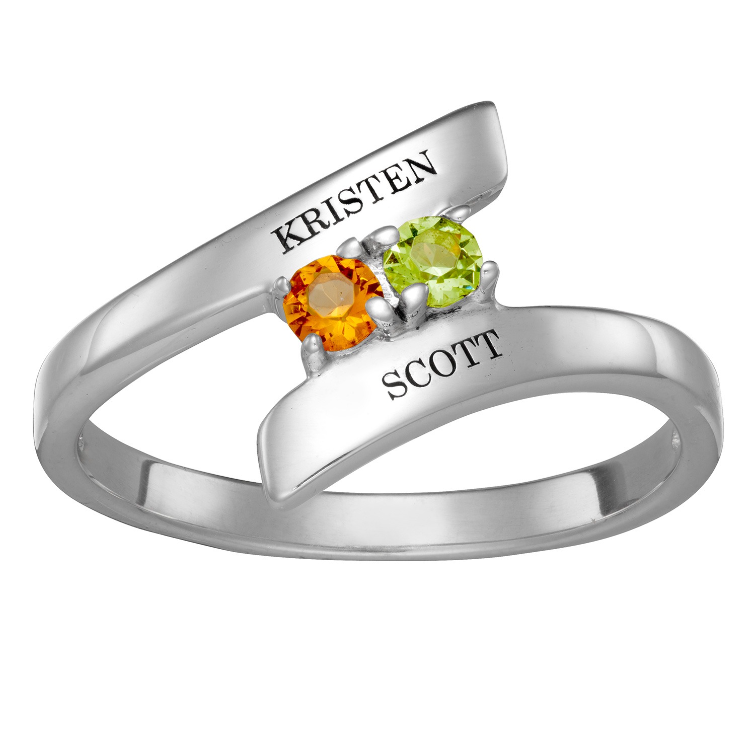 Sterling Silver Couple's Engraved Birthstone Bypass Ring