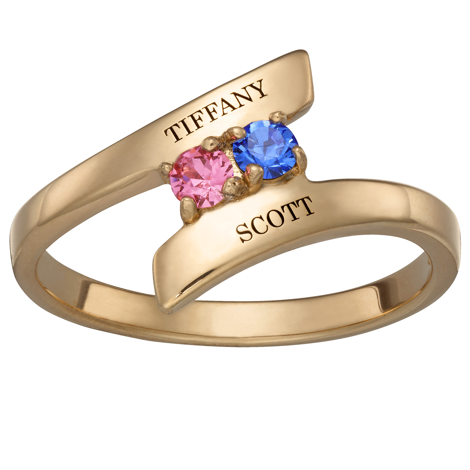 14K Gold over Sterling Couple's Engraved Birthstone Bypass Ring
