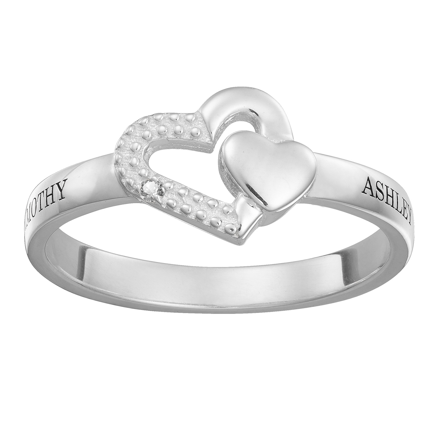 Sterling Silver Couple's Engraved Double Heart Diamond Accent Ring