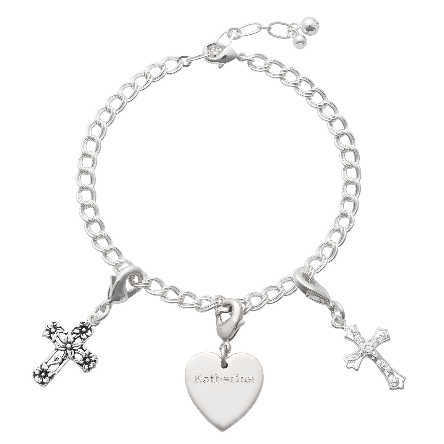 Silver Plated Charm Engraved Heart with Filigree Crosses Bracelet