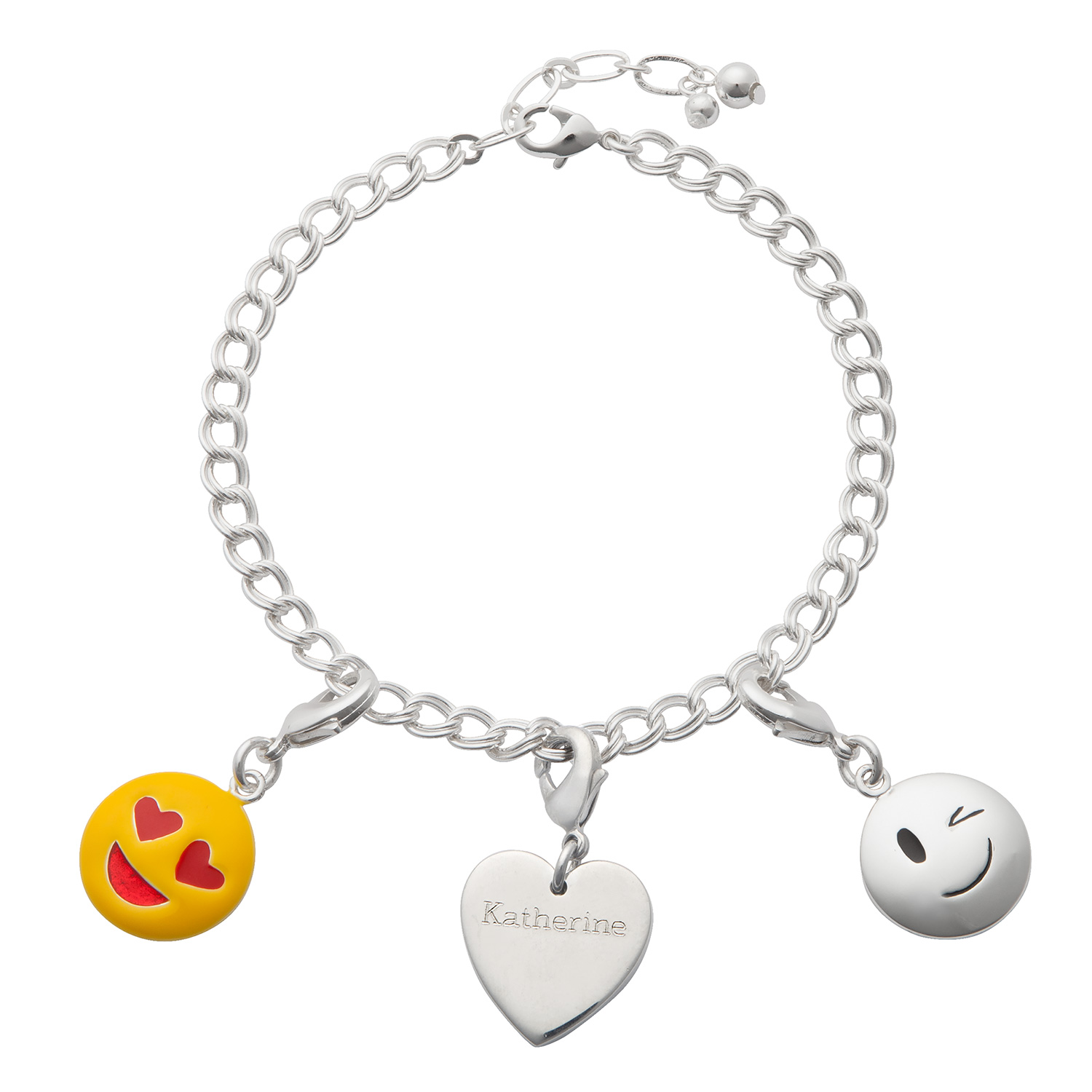 Silver Plated Charm Engraved Heart with Emoji's Charms