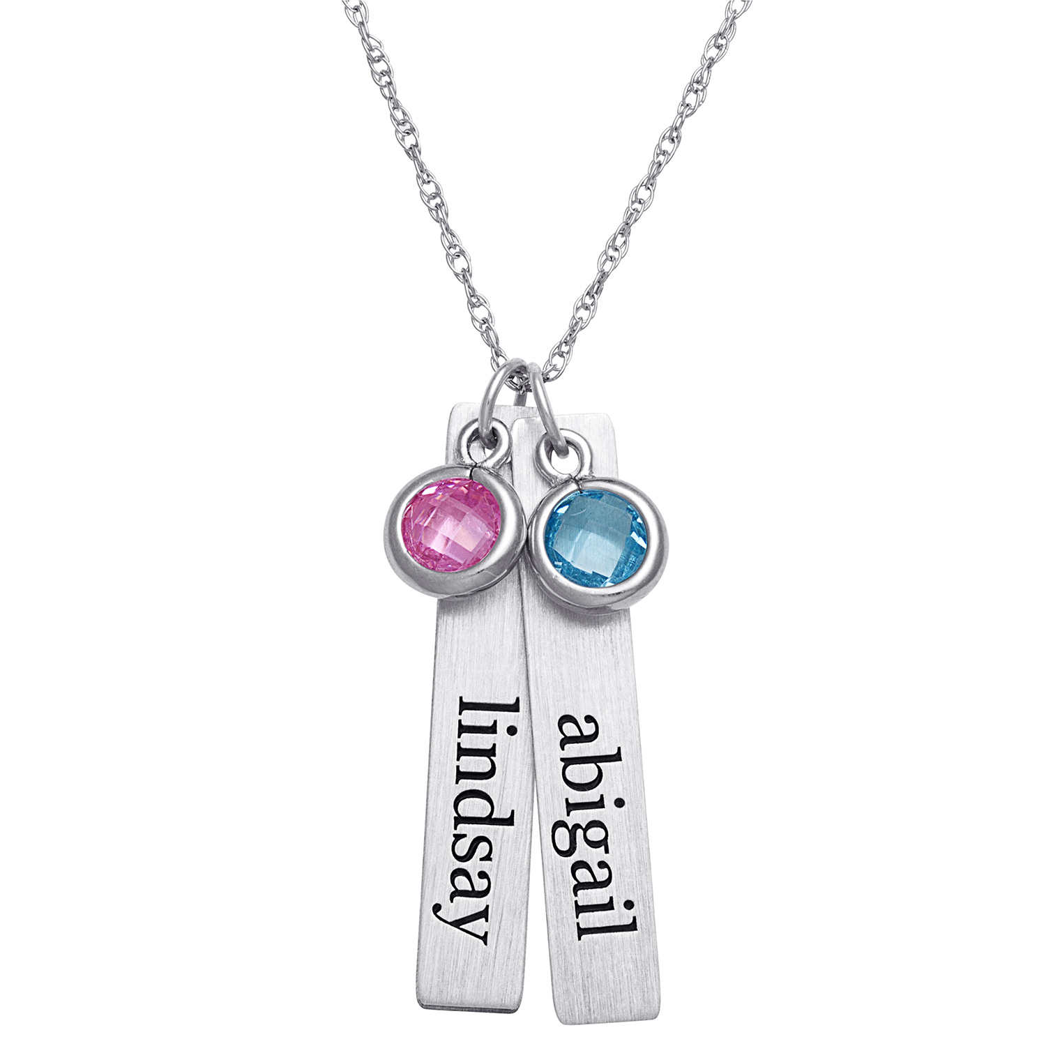 Sterling Silver Brushed Engraved Name with Birthstone 2 Tag Pendant