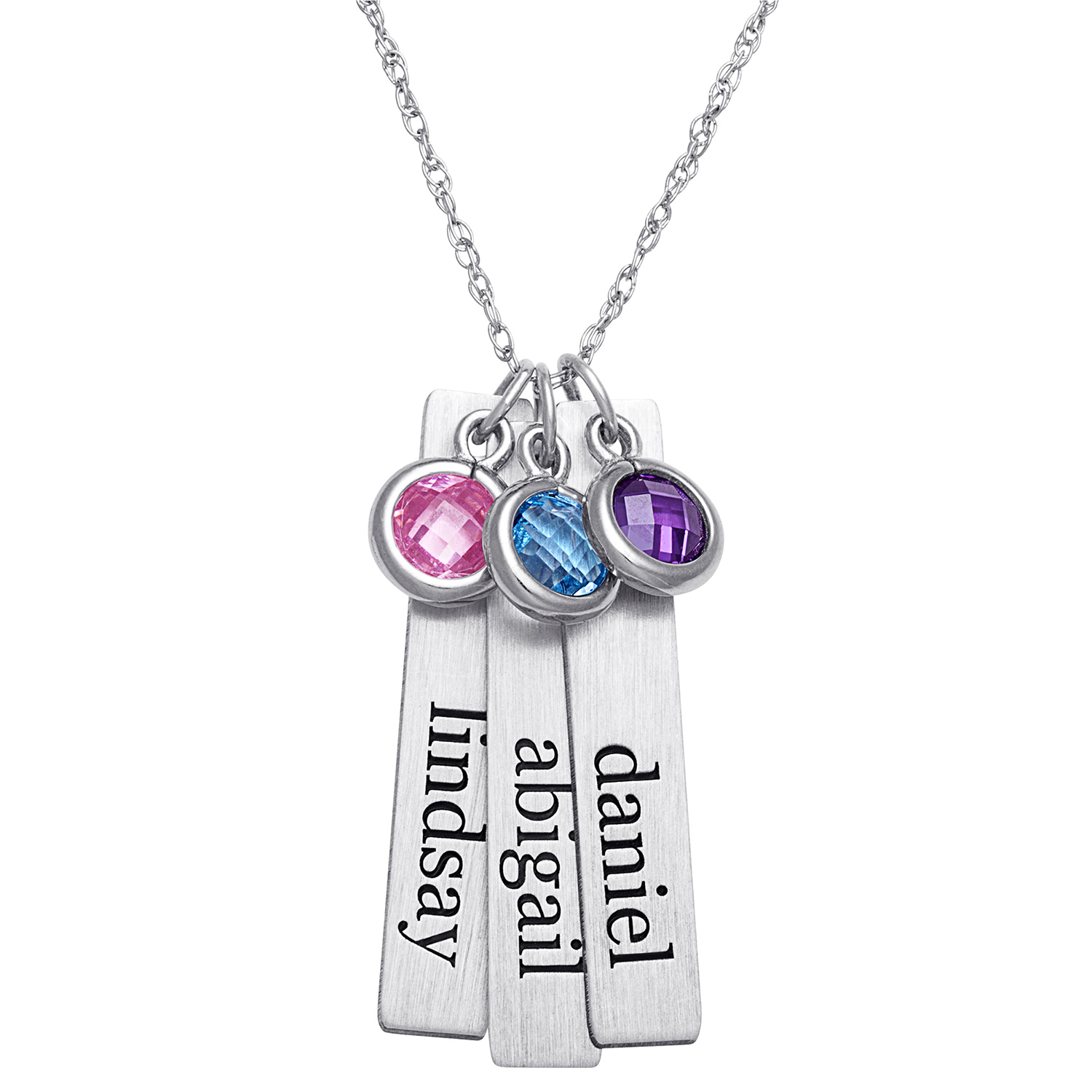 Sterling Silver Brushed Engraved Name with Birthstone 3 Tag Pendant