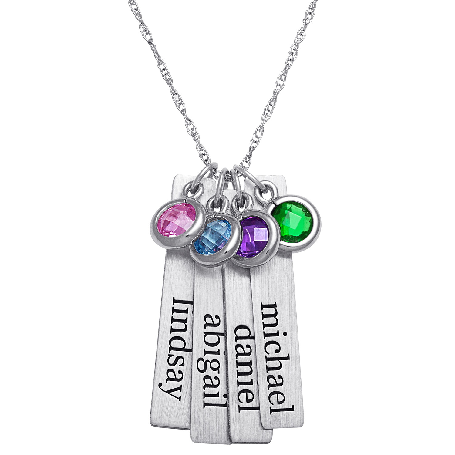 Sterling Silver Brushed Engraved Name with Birthstone 4 Tag Pendant