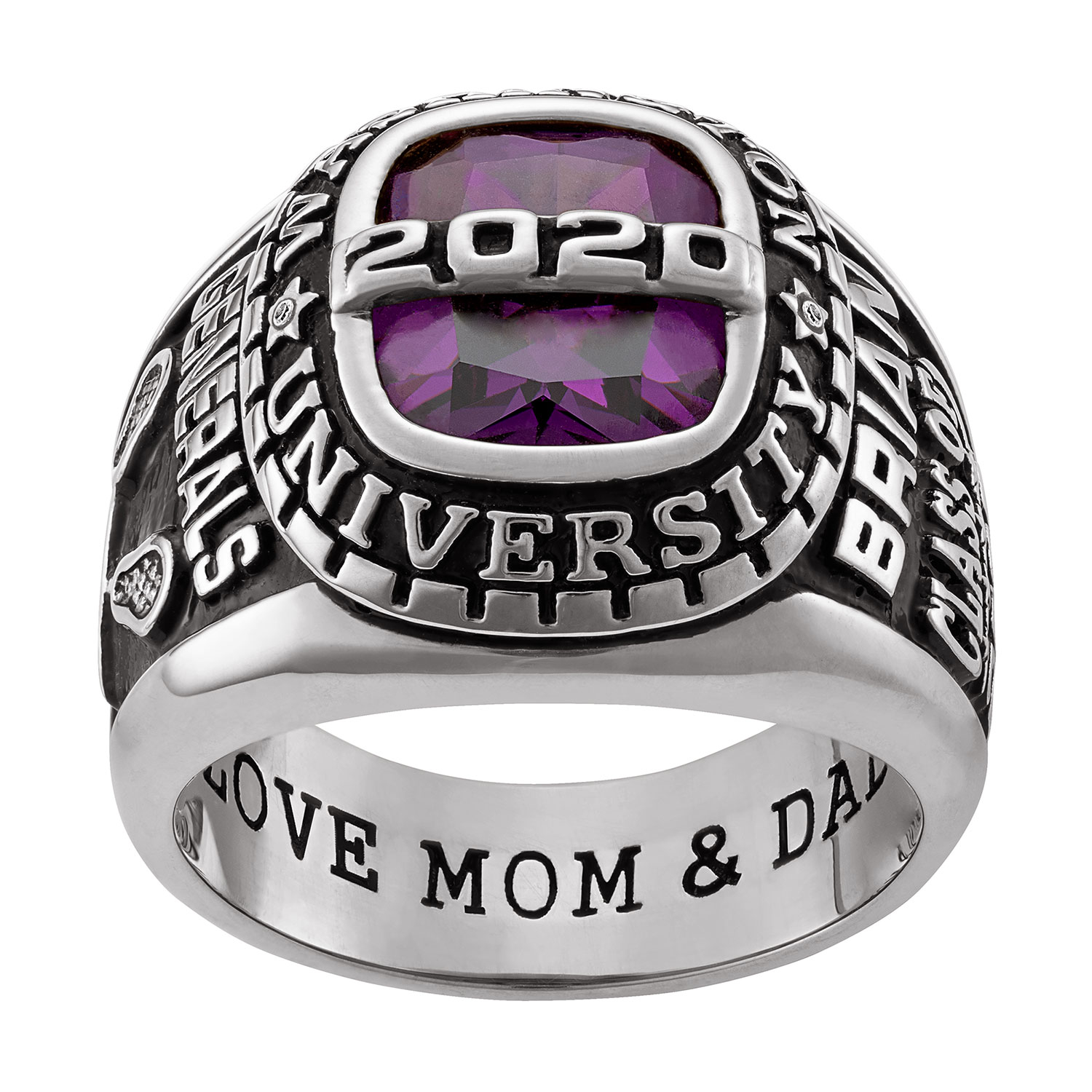 Platinum Plated Sterling Silver Personalized-Top Birthstone Class Ring