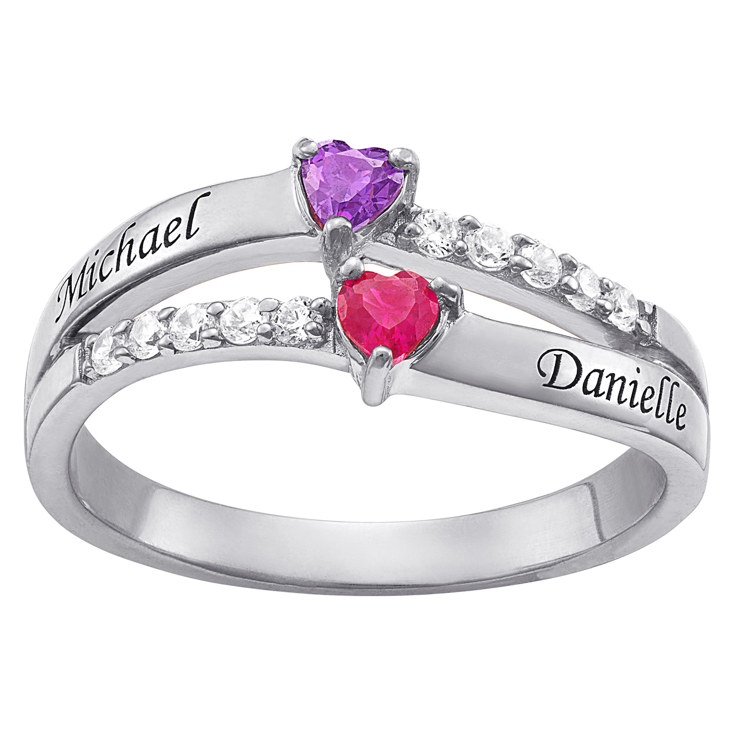 Sterling Silver Couple's Engraved Heart Birthstone and CZ Ring