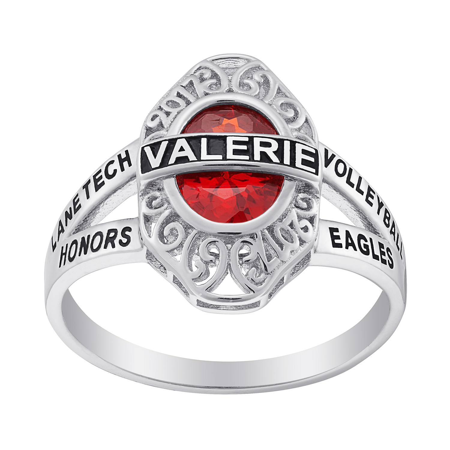Sterling Silver Bridged Name Birthstone Class Ring with Filigree Hidden Year