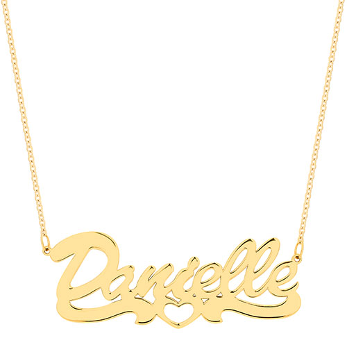 10K Yellow Gold Script Name Necklace with Open Heart Tail