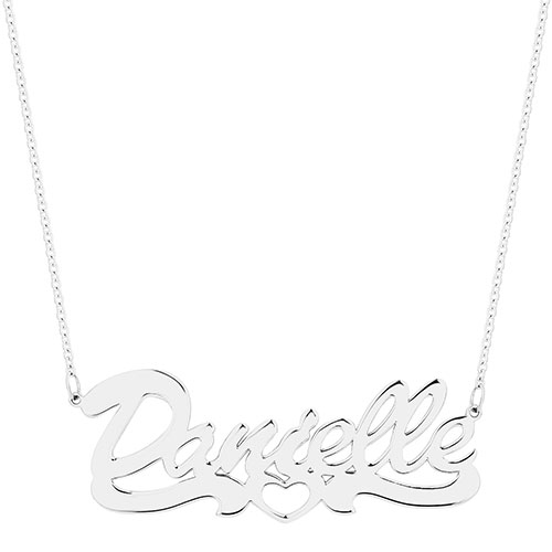 10K White Gold Script Name Necklace with Open Heart Tail