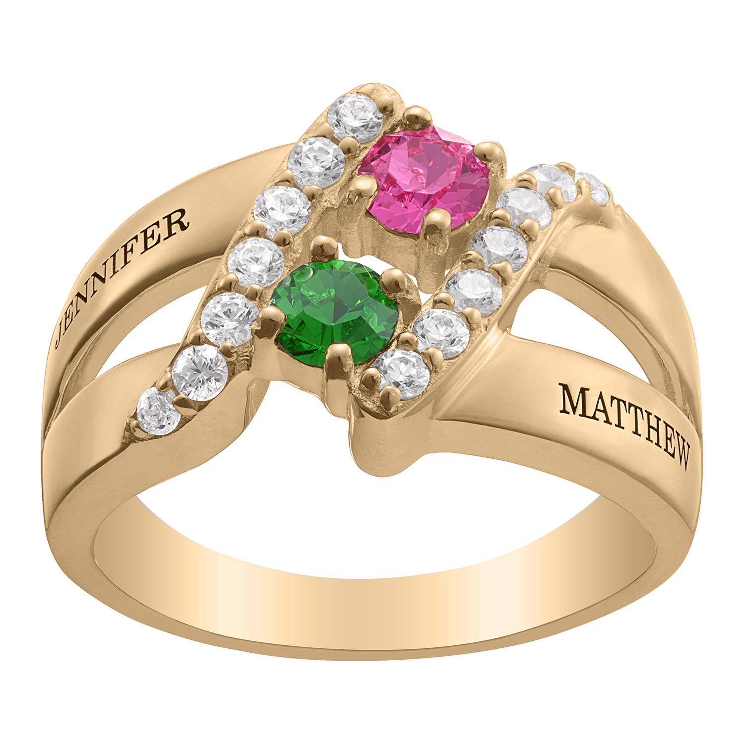 14K Gold over Sterling Couples Name and Birthstone CZ Ring