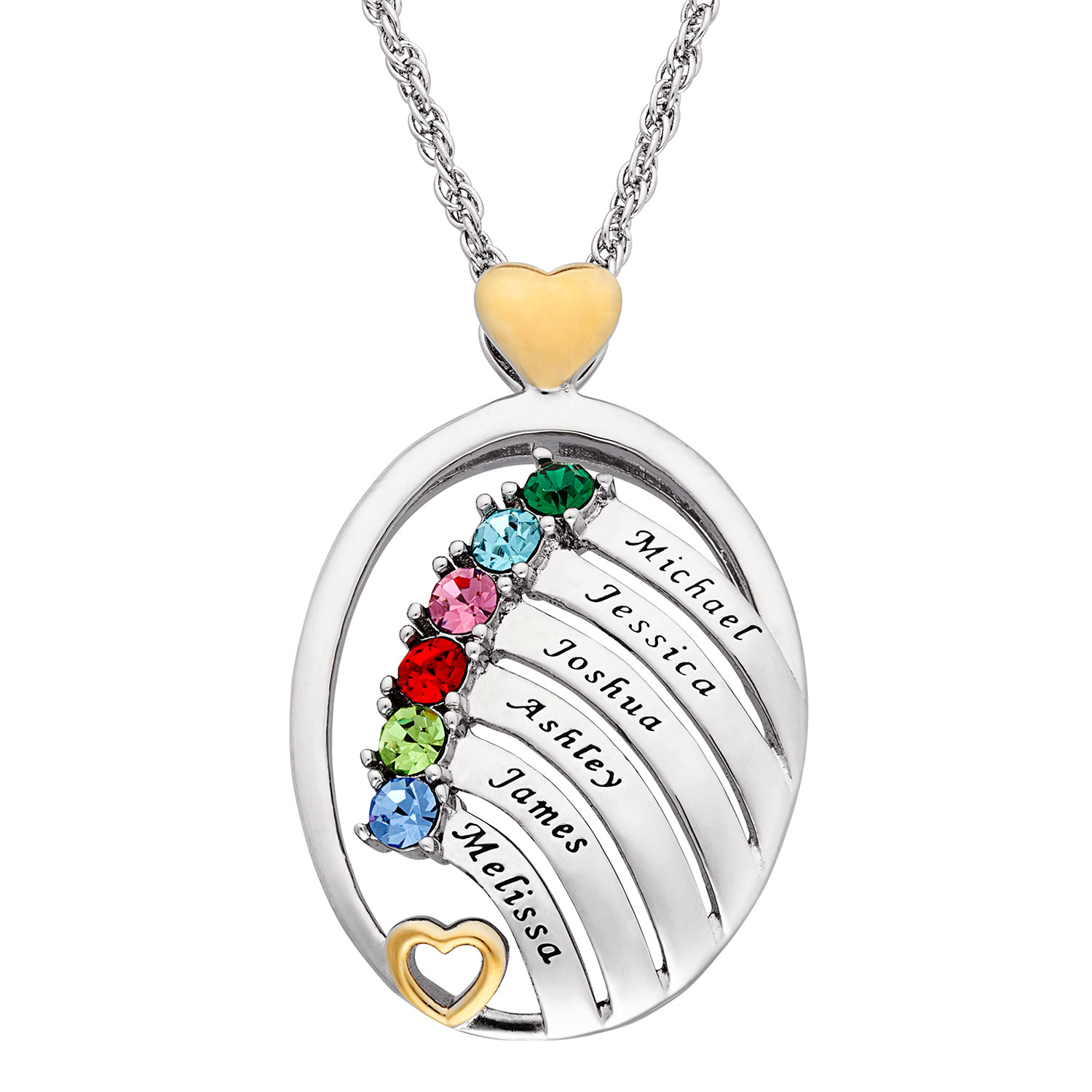  Two-Tone Oval Name and Birthstone Hearts Pendant