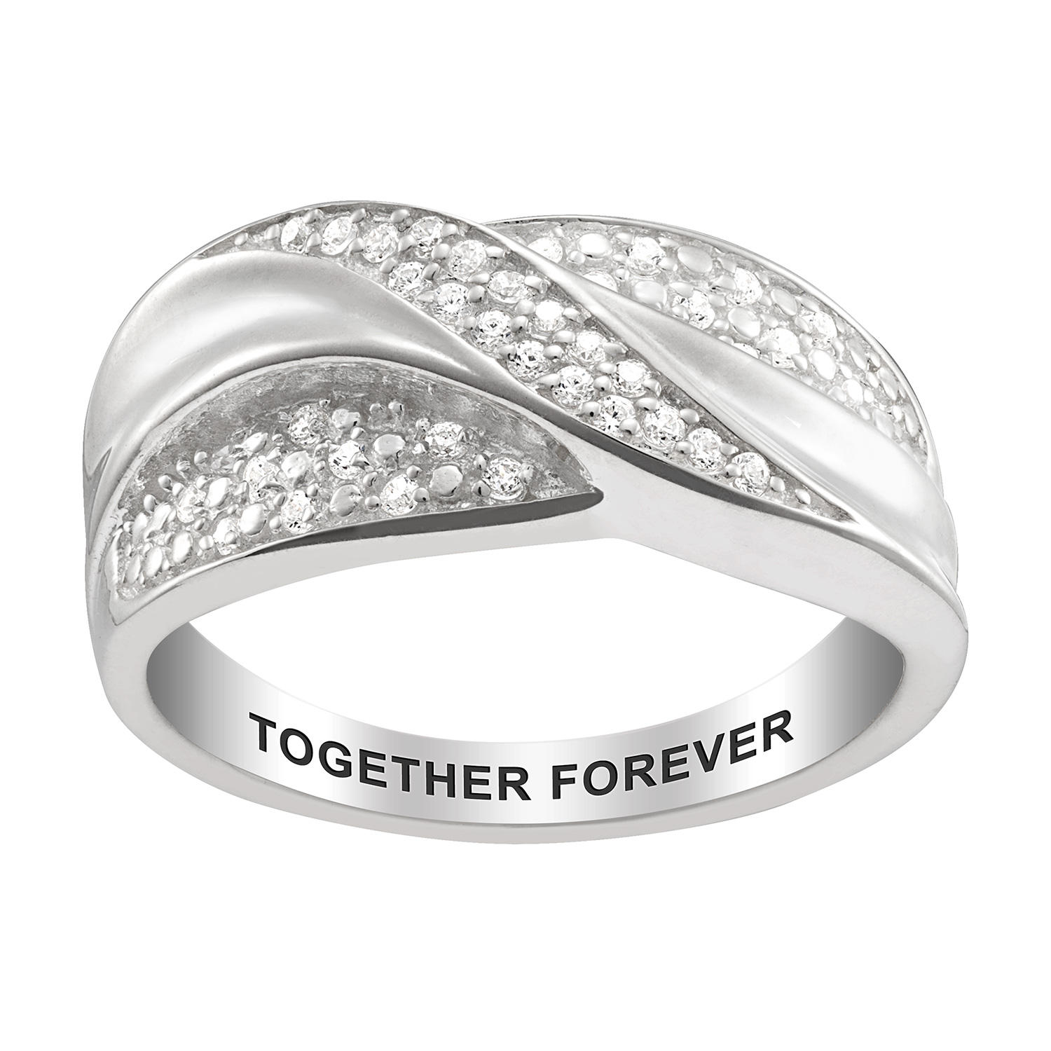 Sterling Silver Engraved Crossover CZ Ring