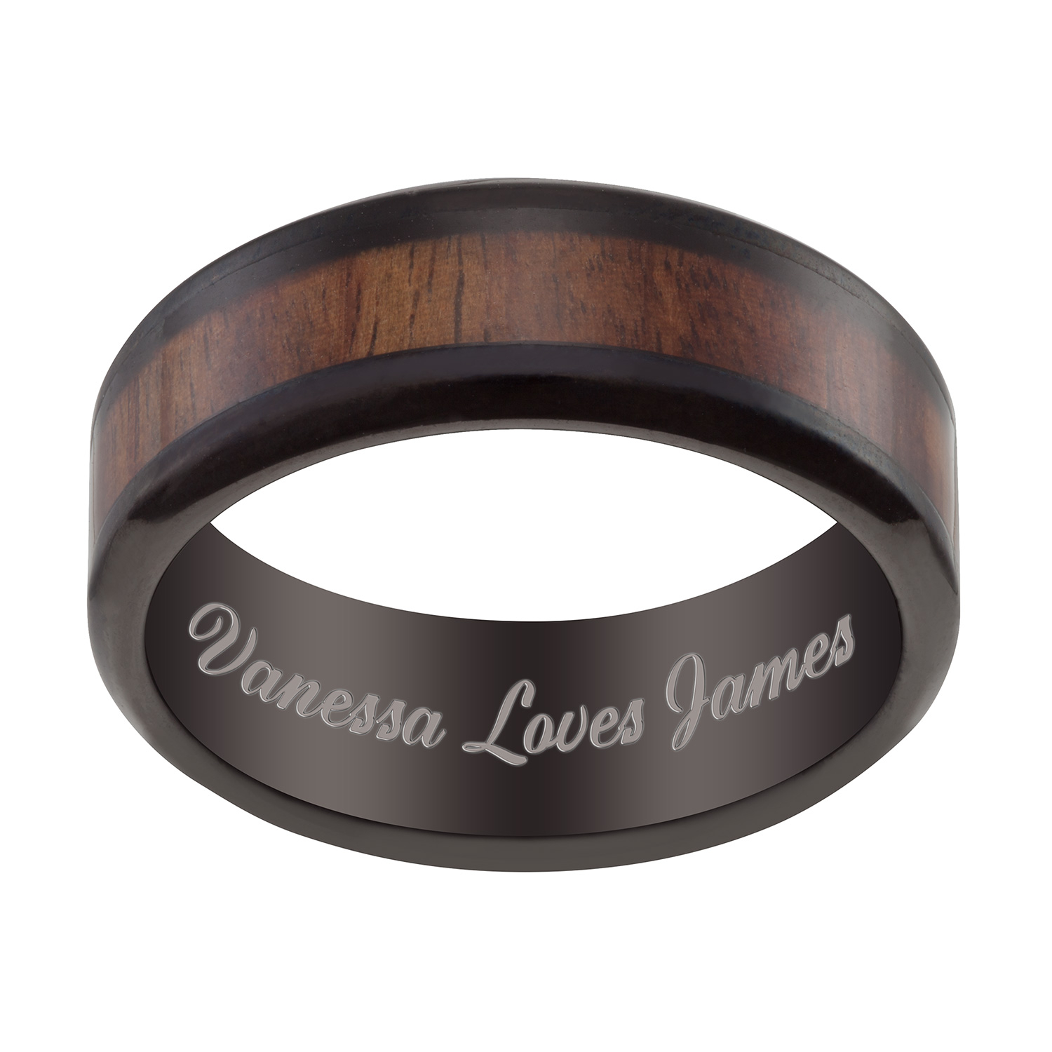 Stainless Steel Men's Engraved Black and Wood Beveled Band