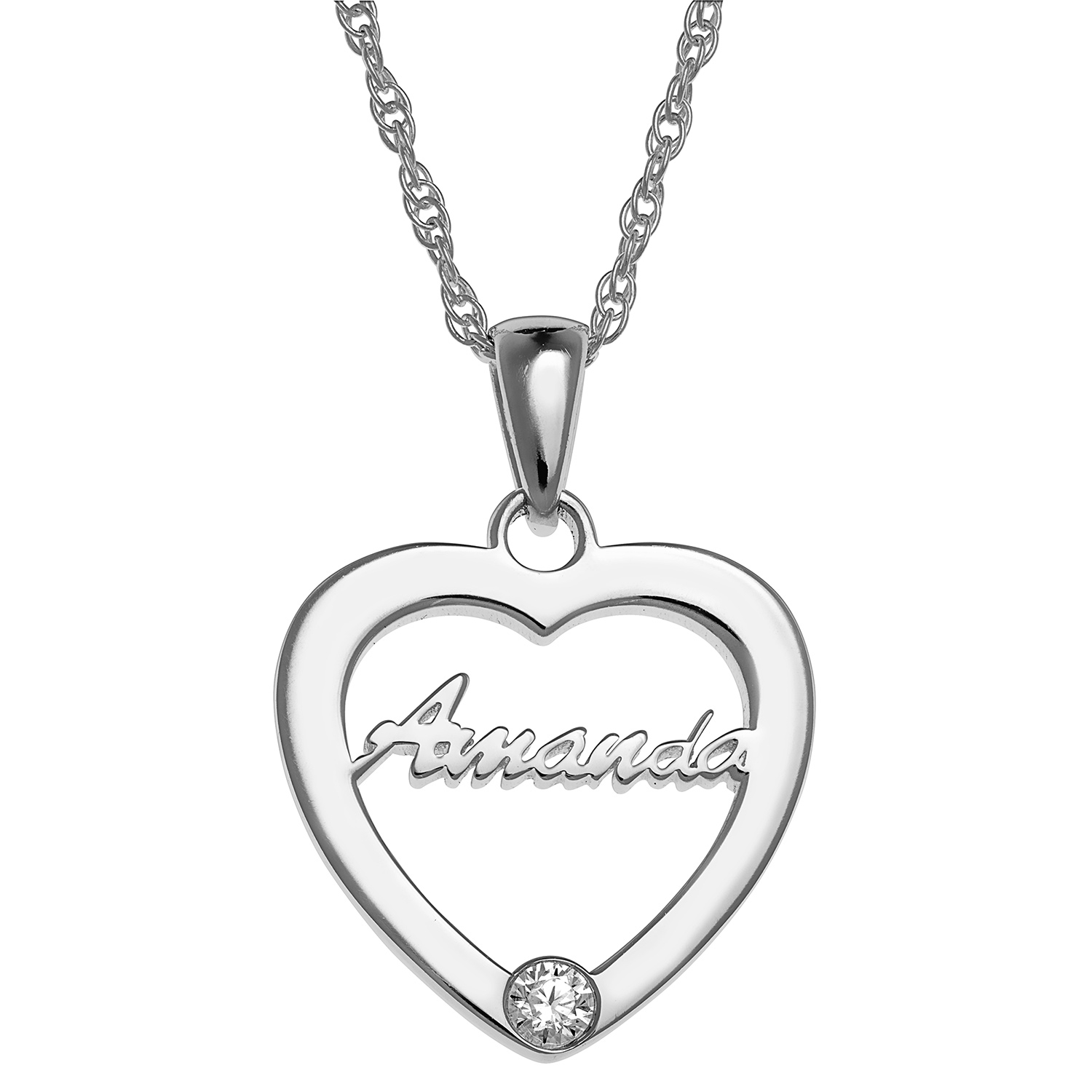 Sterling Silver Open Heart with Name and Birthstone Necklace