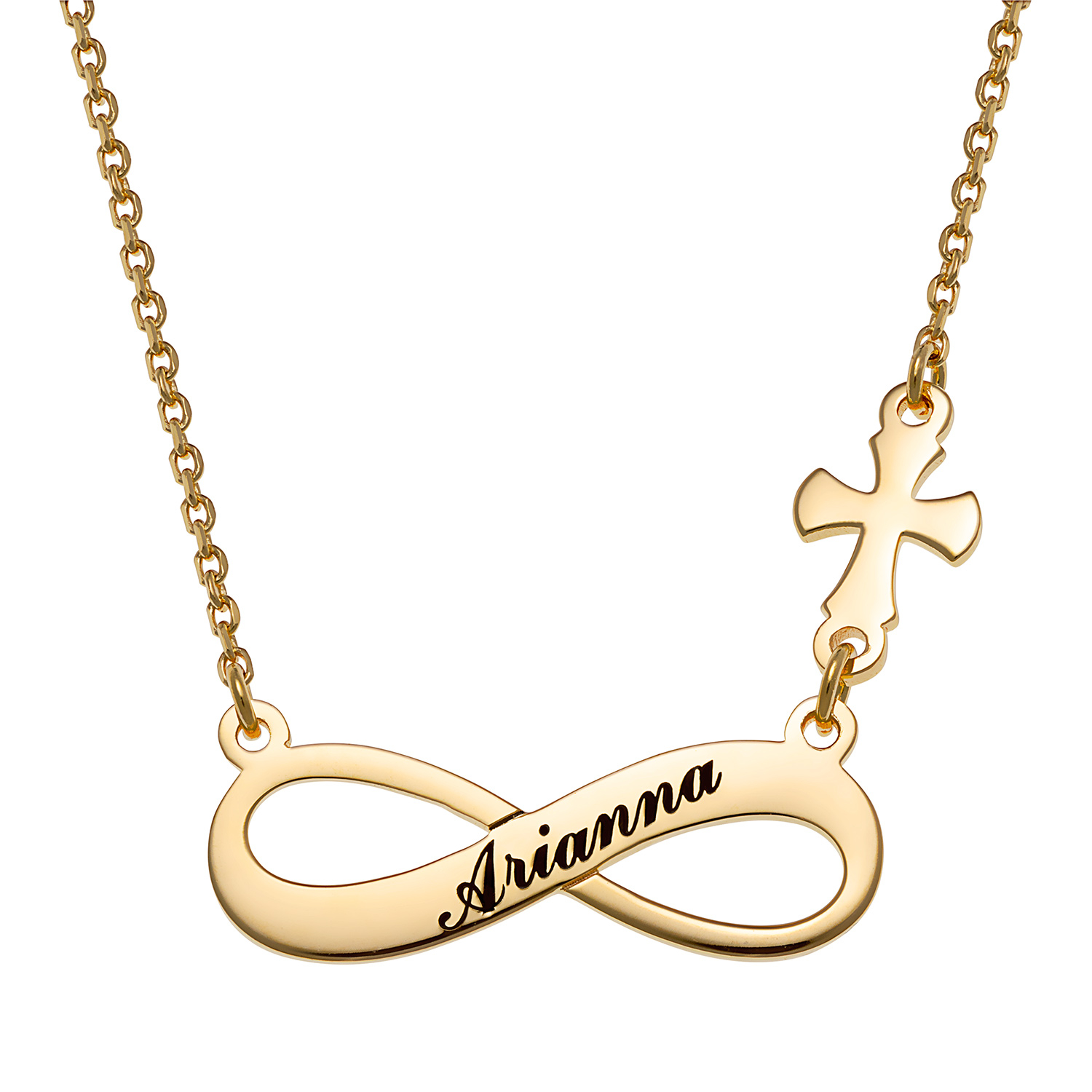 14K Gold over Sterling Engraved Name Infinity with Cross Necklace