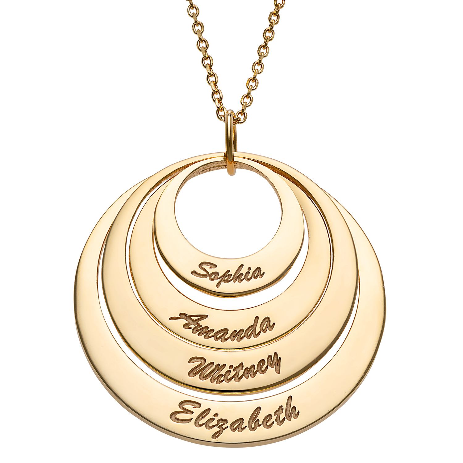 14K Gold over Sterling Nesting Circles with Names Necklace - 4 Discs