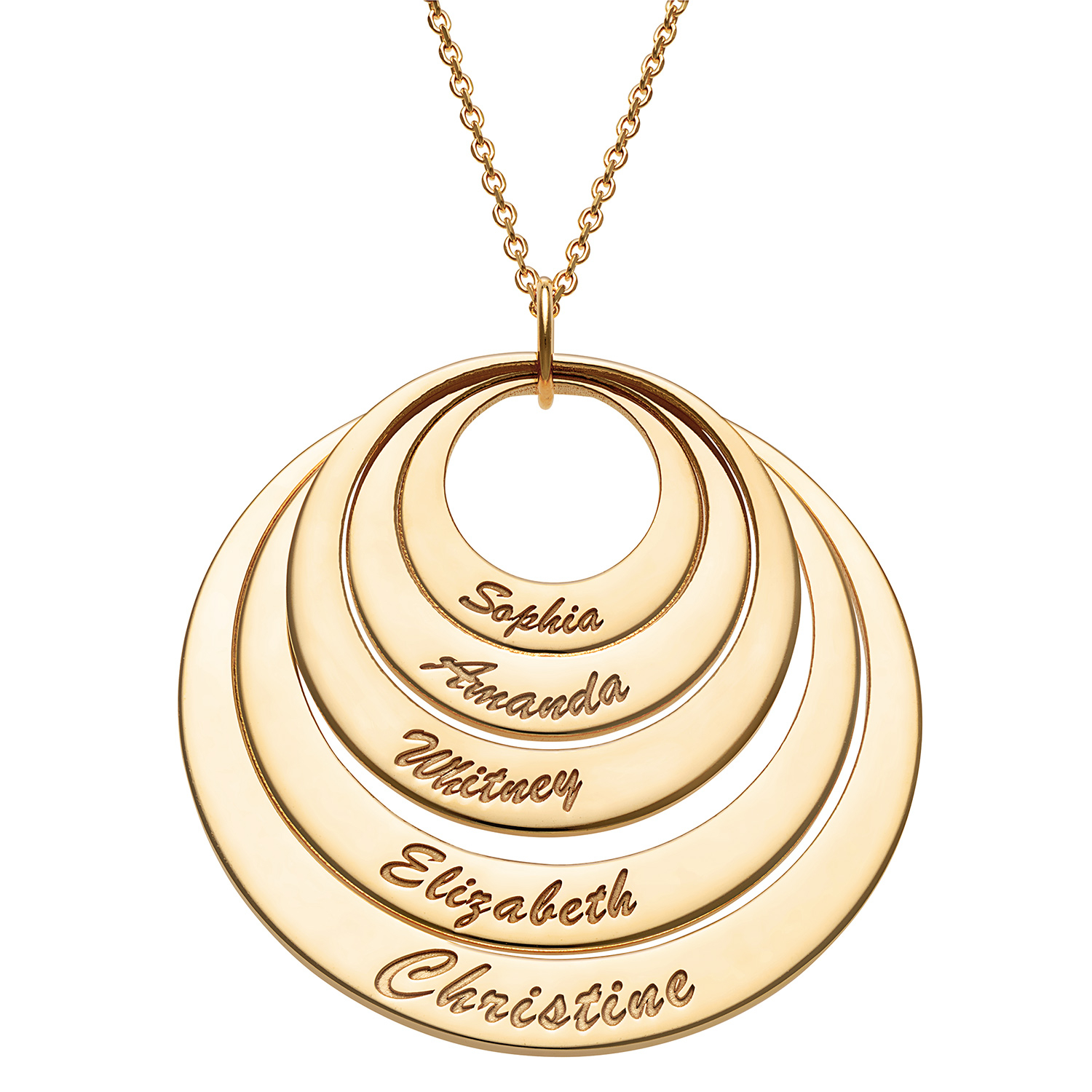 14K Gold over Sterling Nesting Circles with Names Necklace - 5 Discs