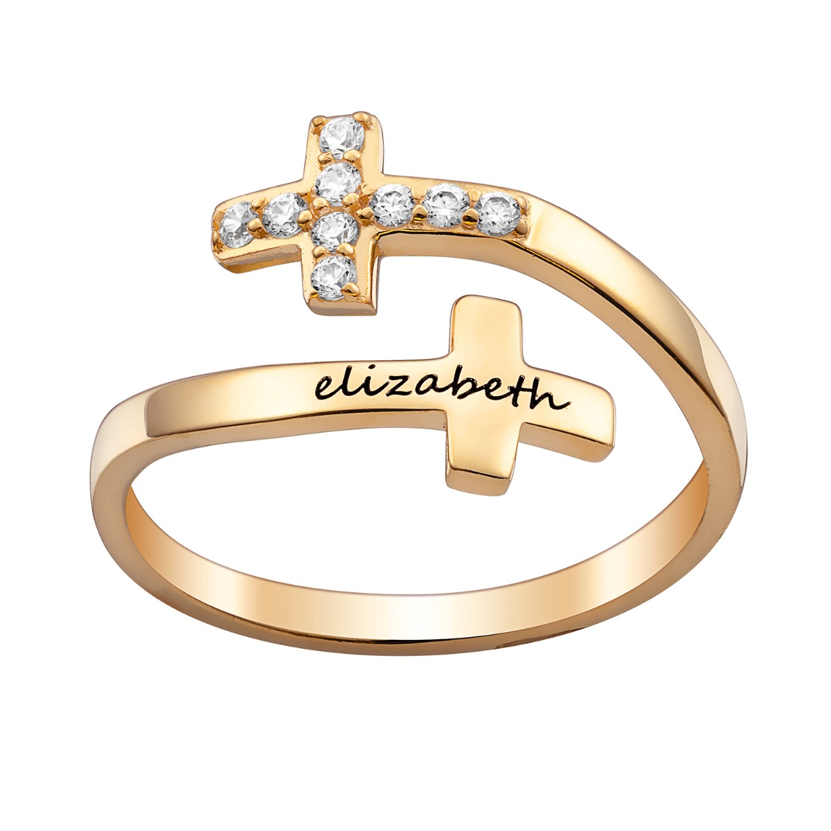 14K Gold over Sterling Engraved Name Double Cross Ring with Crystals