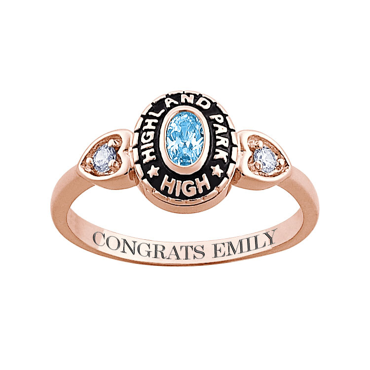 Ladies 14K Rose Gold Plated Traditional Oval Stone & CZ Heart Class Ring