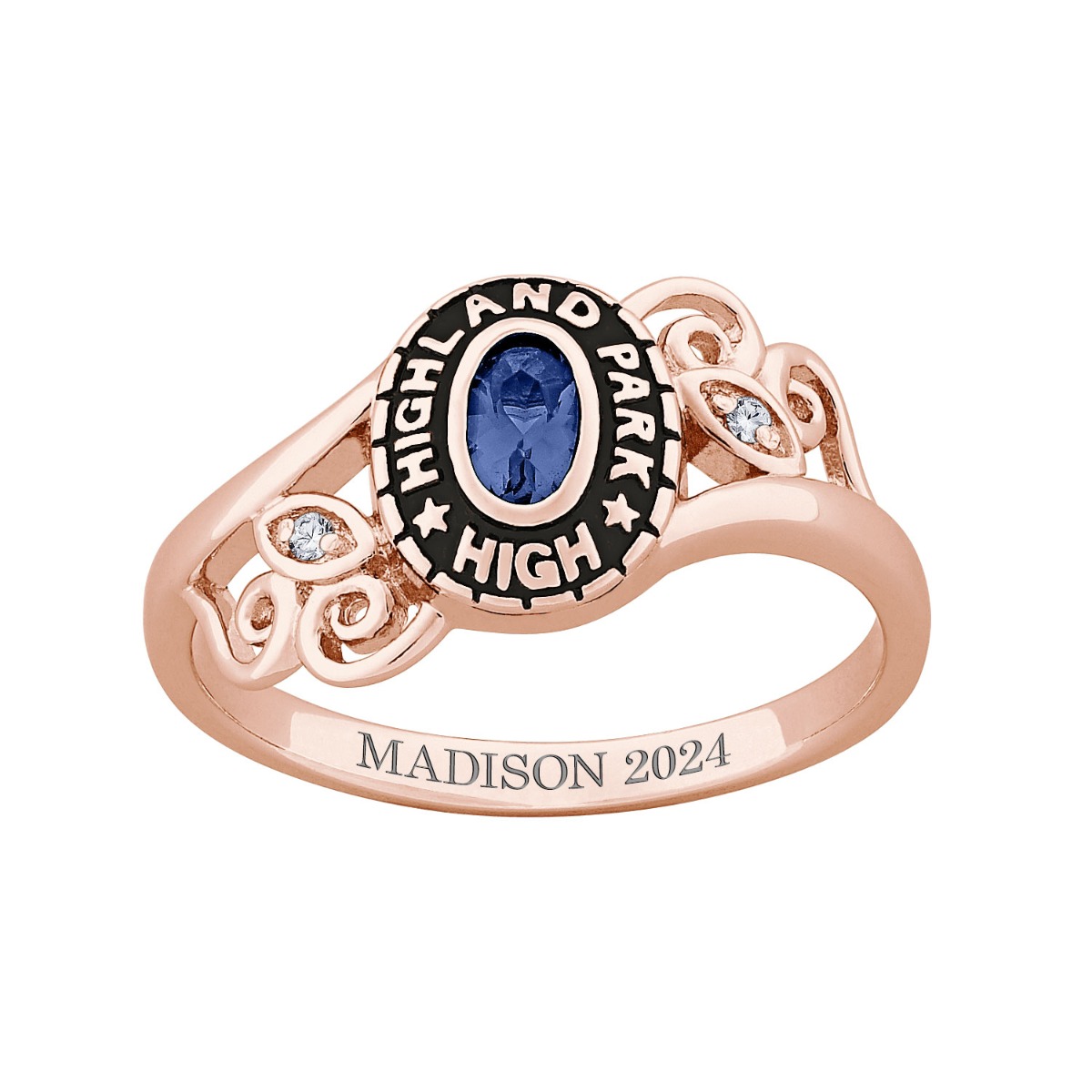 Ladies Rose Gold CELEBRIUM Traditional Oval Birthstone and Diamond Swirl Class Ring