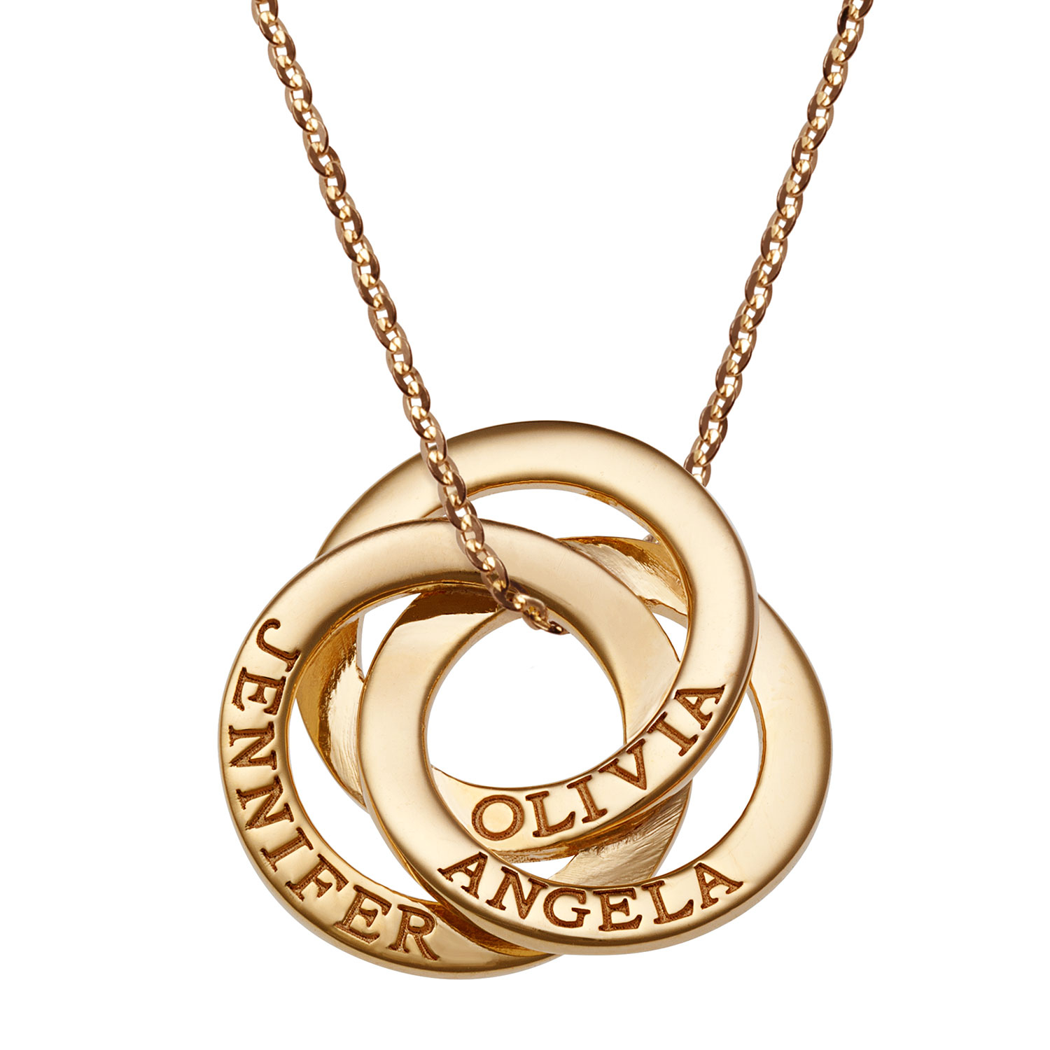 10K Yellow Gold Interlocking Rings Engraved Names Necklace