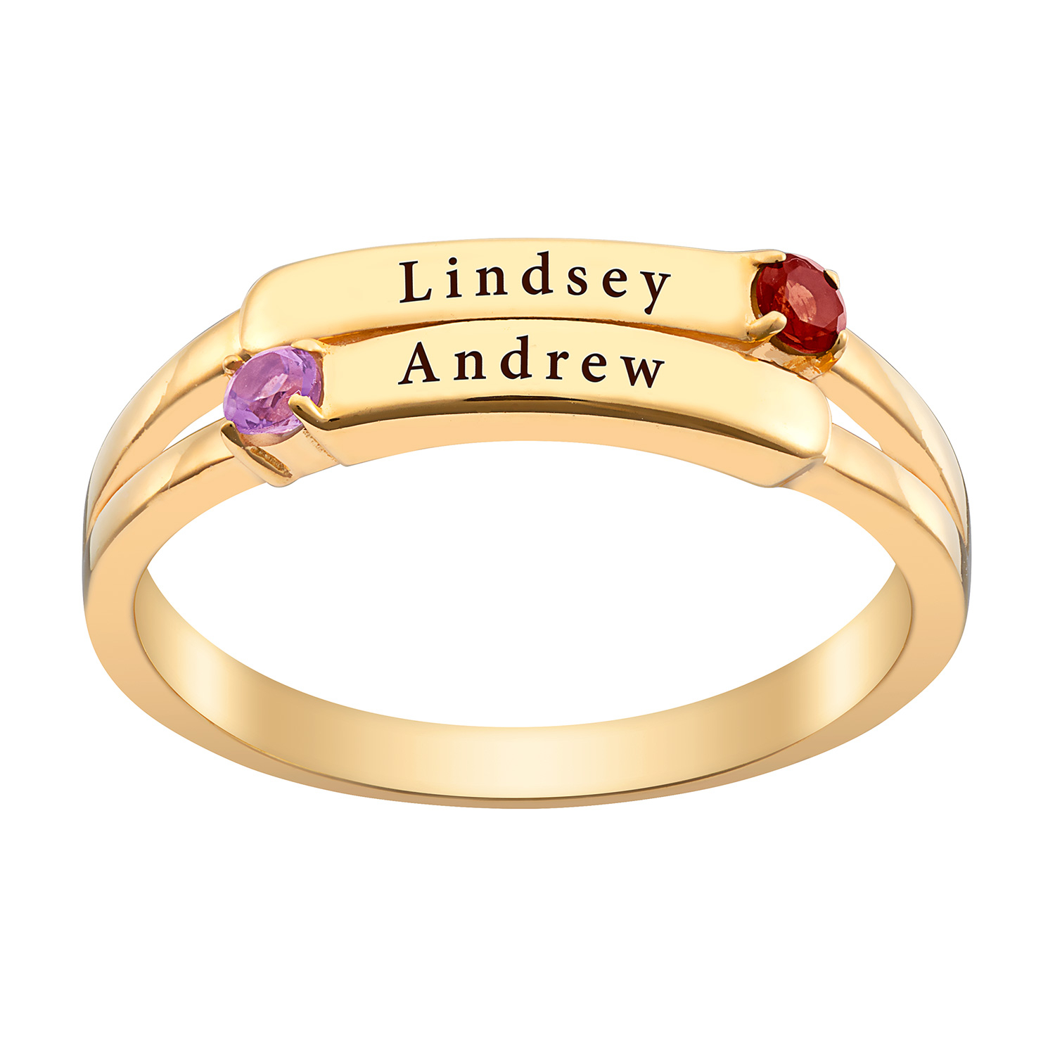 14K Gold over Sterling Engraved Double Name and Birthstone Ring