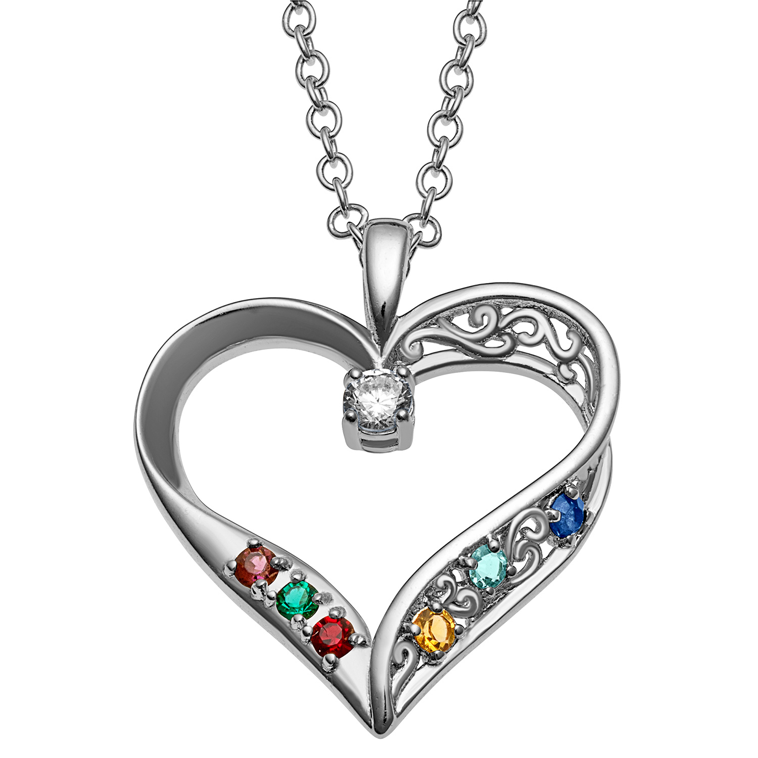 Sterling Silver Mother's Birthstone Family Heart Pendant