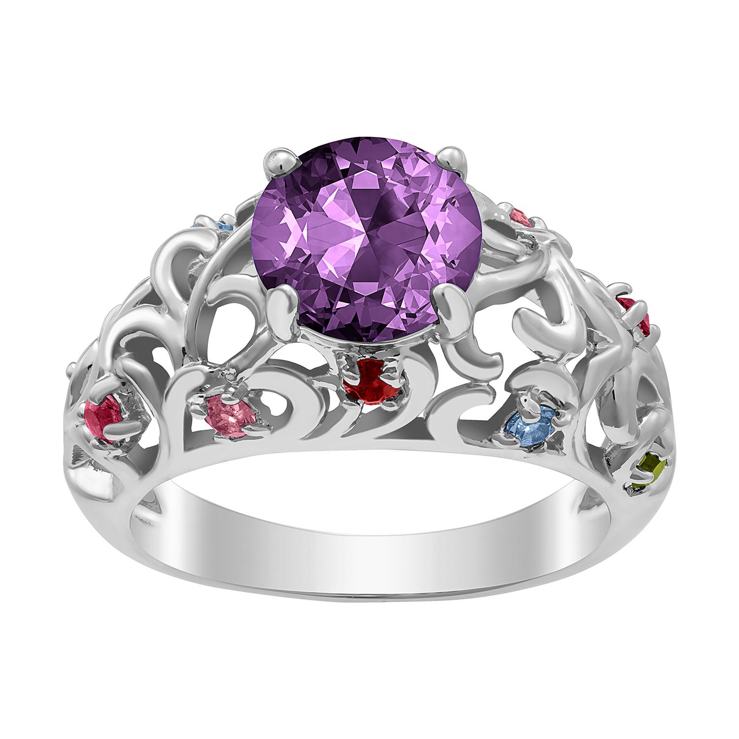 Sterling Silver Mother's Round Family Birthstone Filigree Ring
