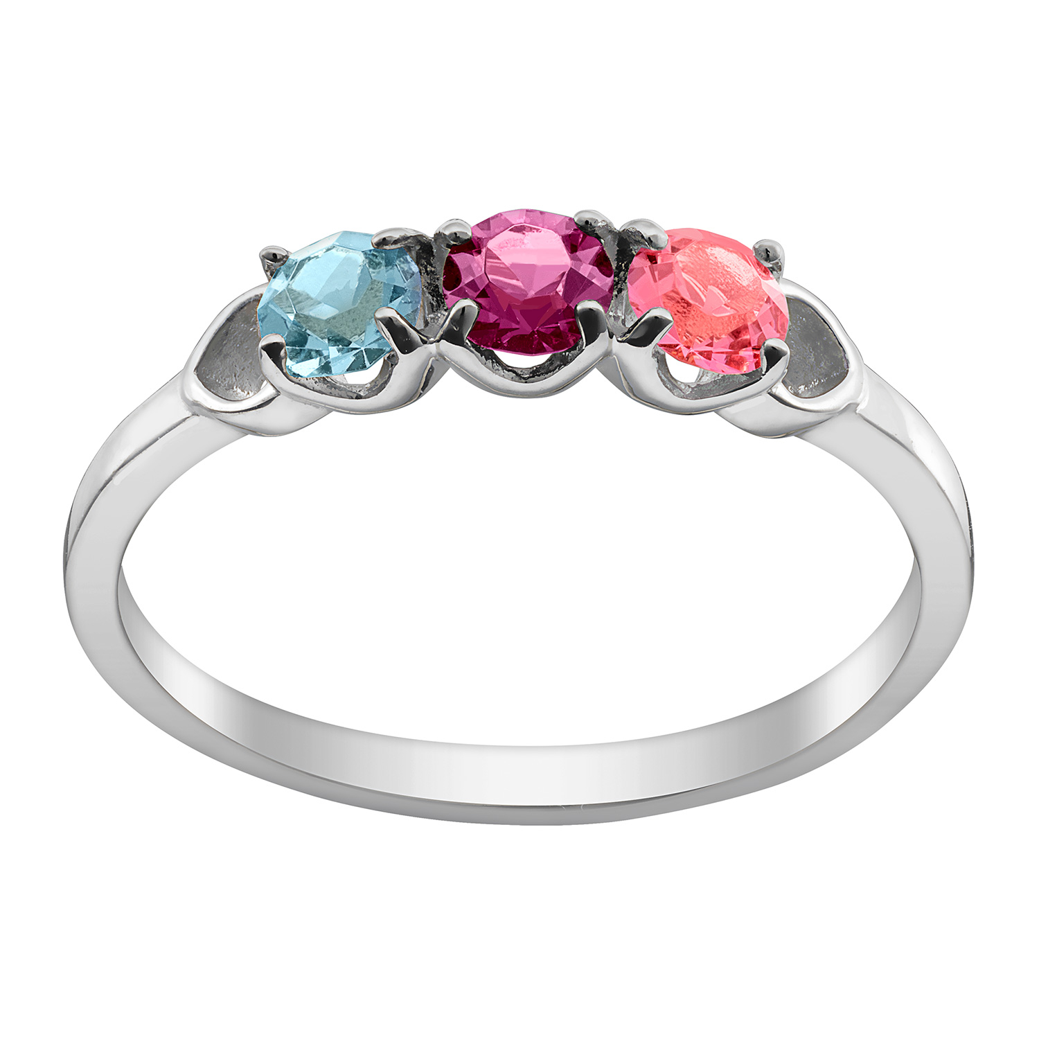 Sterling Silver Round Birthstone Ring with Hearts - 3 Stones