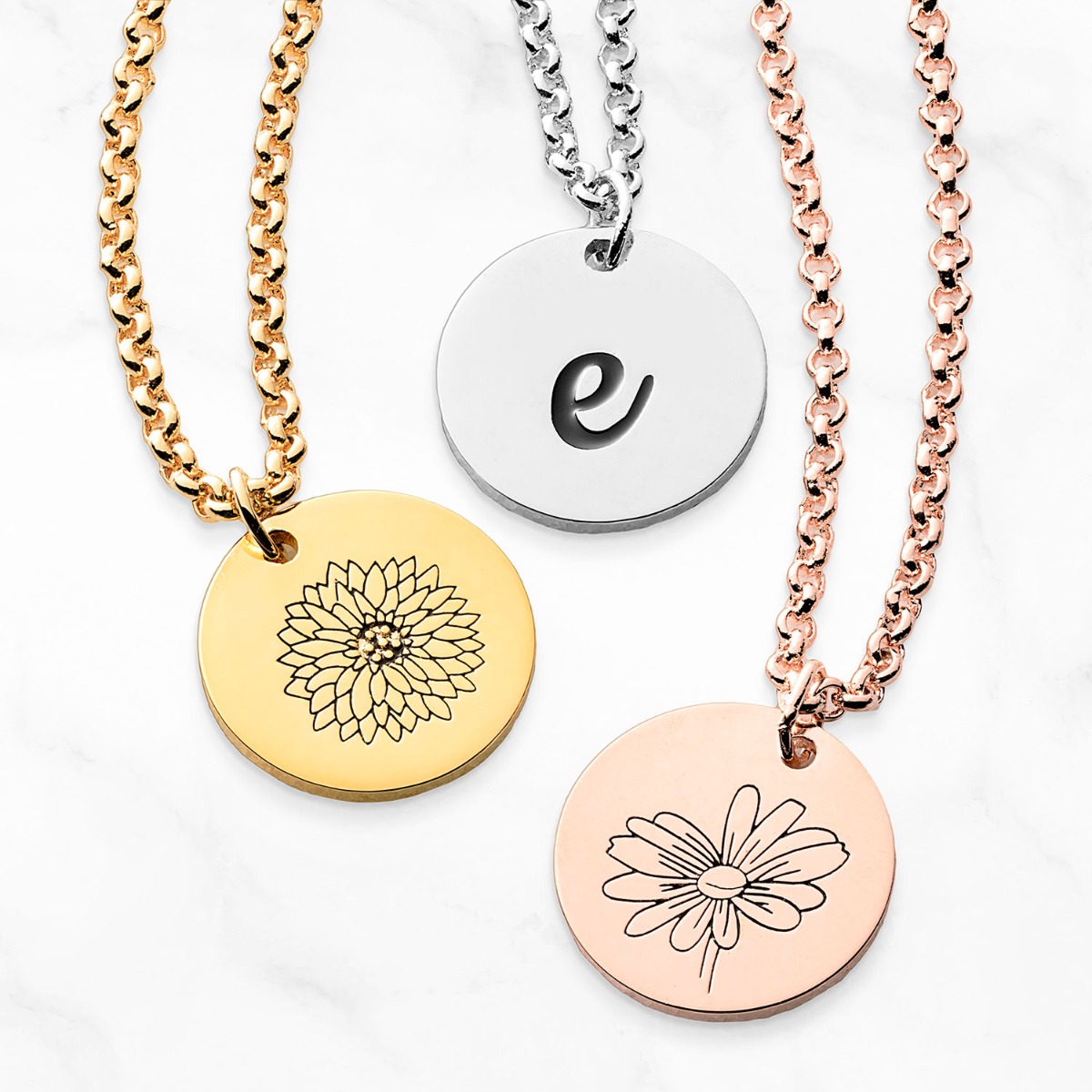 Personalized Engraved Flower and Initial Disc Necklace