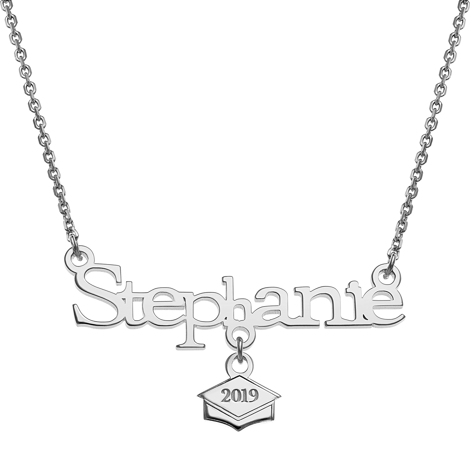 Sterling Silver Name with Graduation Cap Charm Necklace