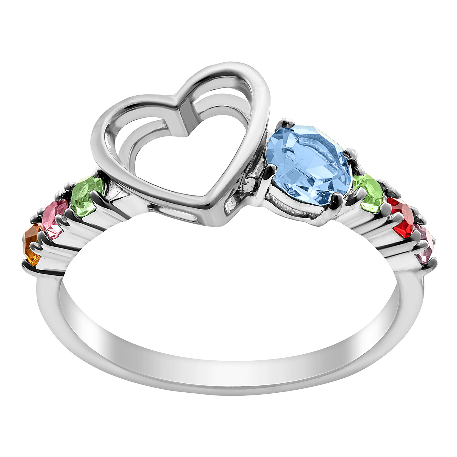 Sterling Silver Family Heart Birthstone Ring