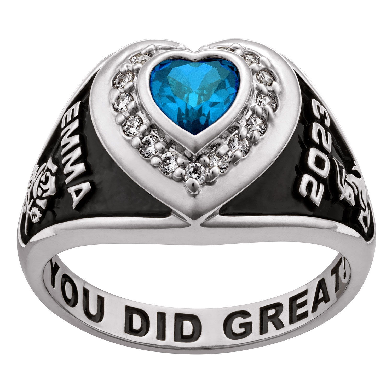 Ladies' Platinum over Sterling Silver CZ Heart Class Ring 
