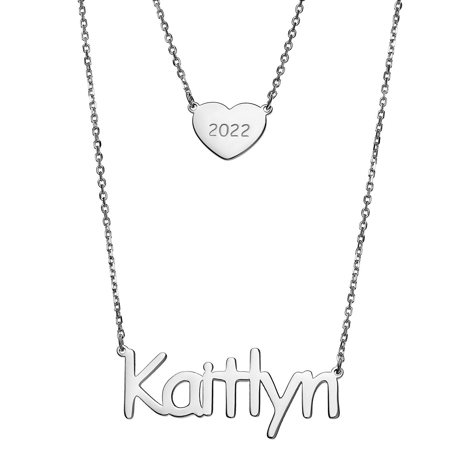 Sterling Silver Name and Heart with Year Layered Double Necklace