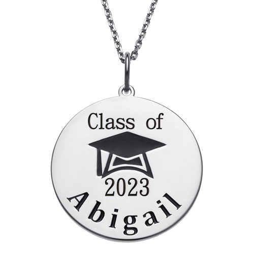 Sterling Silver Engraved Name Class of Disc with Grad Cap Necklace